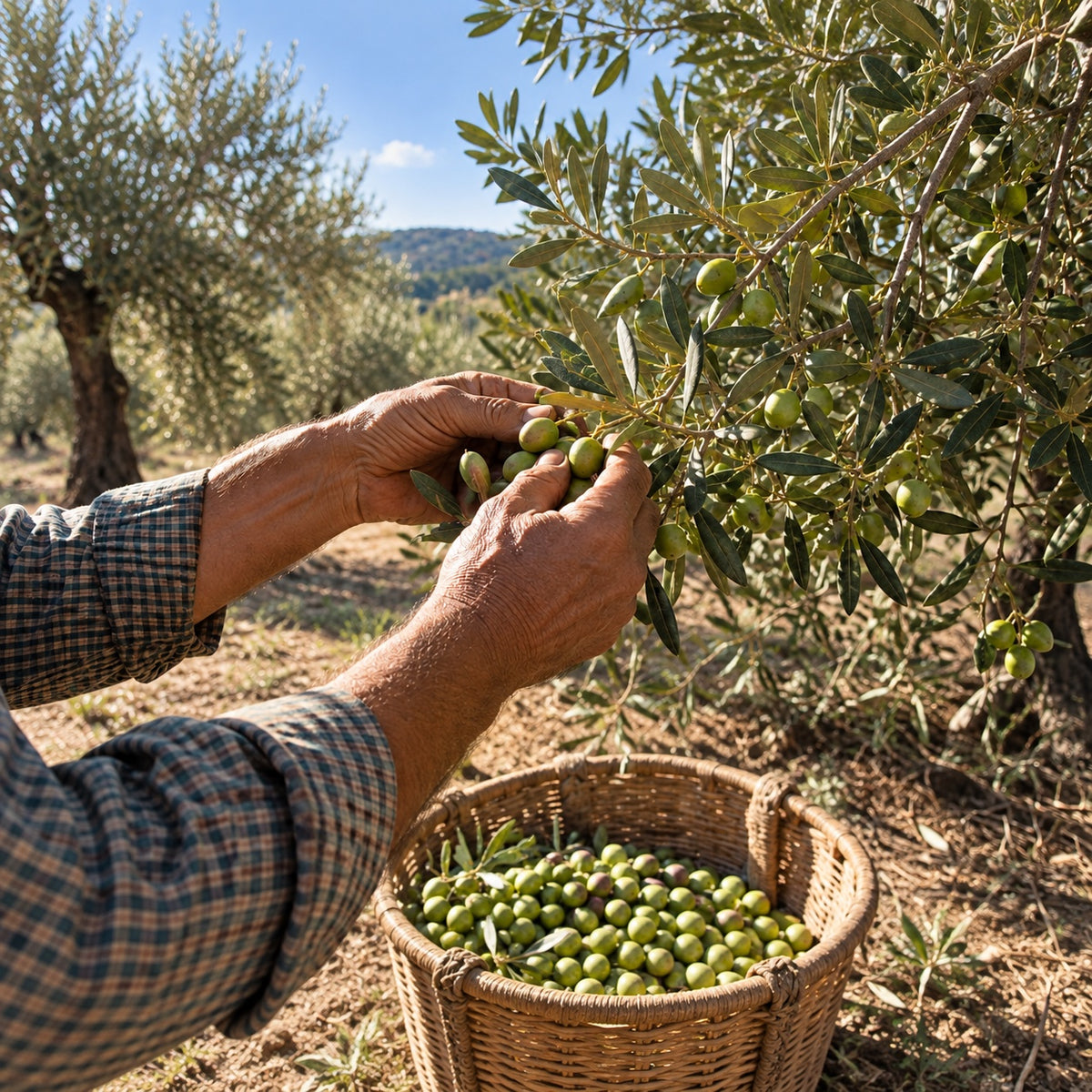 Una aceituna aliñada en primer plano, a punto de comerse, ante un plato de aceitunas listas para disfrutar